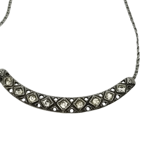 GOLDETTE VINTAGE 70s SILVERTONE BAR PENDANT WITH CRYSTALS CHAIN NECKLACE - Picture 4 of 7